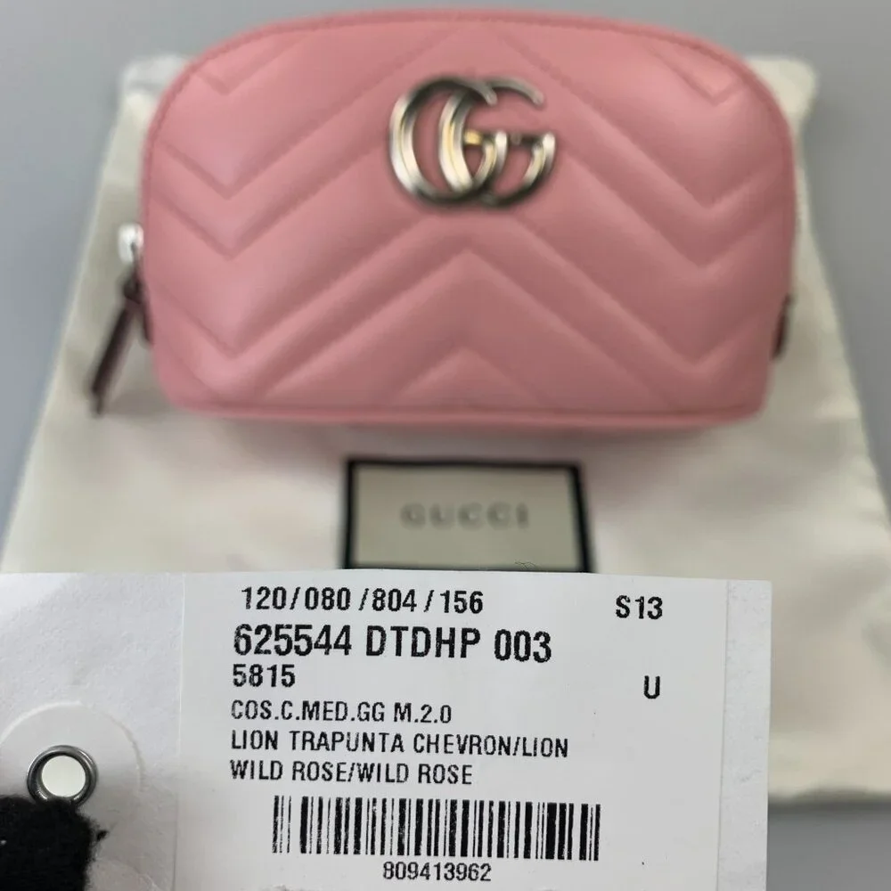 NWT Gucci GG Marmont Cosmetic Pouch in Pink Quilted Chevron Leather - Picture 11 of 11
